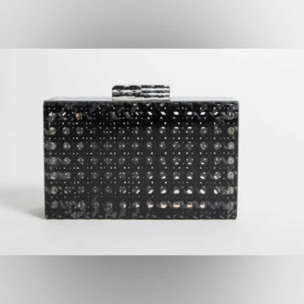 Women Acrylic Clutch Purse Woven Pattern Handbag Box Crossbody Black Gold Chain